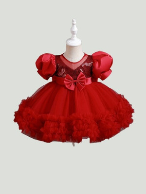 MANSICREATION Baby Girls Midi/Knee Length Party Dress(Red, Short Sleeve)
