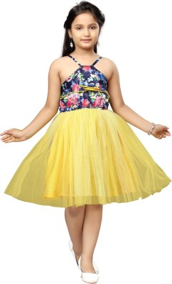 MUHURATAM Indi Girls Midi/Knee Length Party Dress(Yellow, Sleeveless)