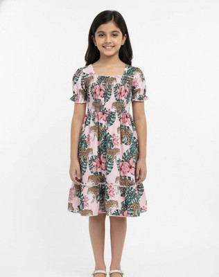 ISHREE Indi Girls Above Knee Casual Dress(White, Black, Half Sleeve)