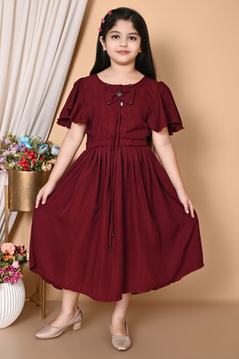 Janam fashion Girls Calf Length Party Dress(Maroon, Short Sleeve)