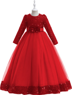 Hirva Tex Srt Girls Maxi/Full Length Festive/Wedding Dress(Red, Full Sleeve)