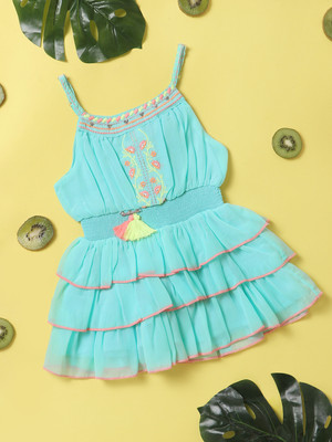 NautiNati Girls Midi/Knee Length Casual Dress(Green, Sleeveless)