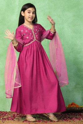 Fashion Dream Girls Maxi/Full Length Casual Dress(Pink, Full Sleeve)
