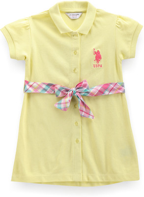 U.S. POLO ASSN. Girls Midi/Knee Length Casual Dress(Yellow, Short Sleeve)