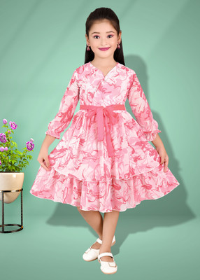 CHANDRIKA LIFESTYLE Girls Midi/Knee Length Casual Dress(Pink, 3/4 Sleeve)