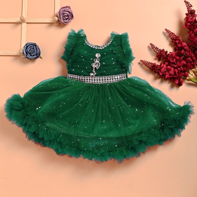 F B Collction Girls Midi/Knee Length Festive/Wedding Dress(Green, Sleeveless)
