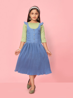 Aarika Indi Girls Calf Length Casual Dress(Green, 3/4 Sleeve)
