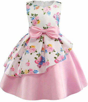 DHARMIKAAY Girls Midi/Knee Length Party Dress(Pink, Sleeveless)