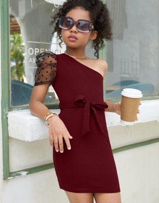 ADDYVERO Girls Midi/Knee Length Casual Dress(Maroon, Fashion Sleeve)