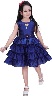 UNICKFASHION Girls Midi/Knee Length Festive/Wedding Dress(Dark Blue, Sleeveless)