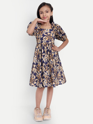 tilism Indi Girls Midi/Knee Length Casual Dress(Brown, Half Sleeve)