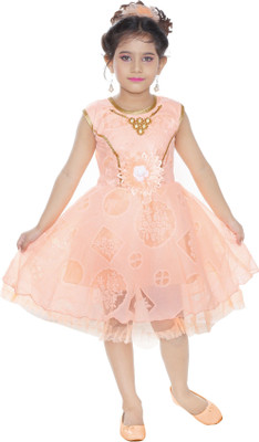 TrendyClub Girls Midi/Knee Length Festive/Wedding Dress(Beige, Sleeveless)