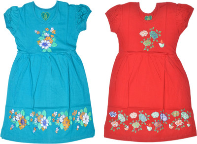 Sathiyaas Girls Midi/Knee Length Casual Dress(Blue, Short Sleeve)