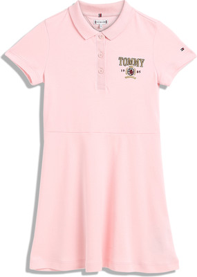 TOMMY HILFIGER Indi Girls Midi/Knee Length Casual Dress(Pink, Short Sleeve)