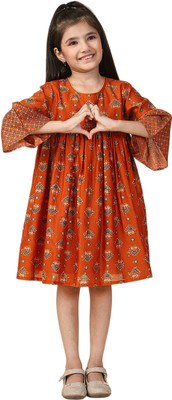 Fabindia Girls Midi/Knee Length Casual Dress(Orange, 3/4 Sleeve)