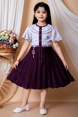 MAGNETE Girls Below Knee Festive/Wedding Dress(Purple, White, Short Sleeve)
