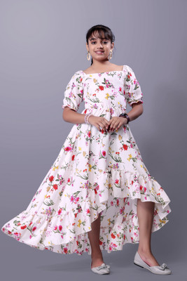 Meraki Fab Girls Maxi/Full Length Party Dress(White, Half Sleeve)