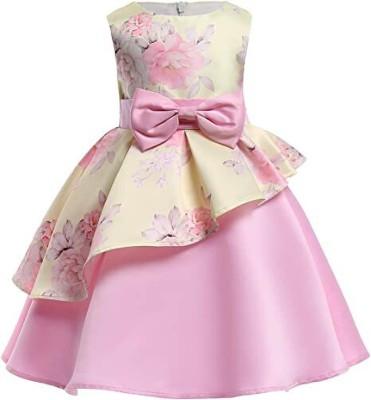 HANS ENTERPRISE Girls Midi/Knee Length Party Dress(Pink, Sleeveless)