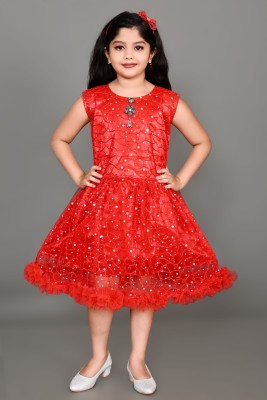 AQIFA Girls Calf Length Festive/Wedding Dress(Red, Sleeveless)