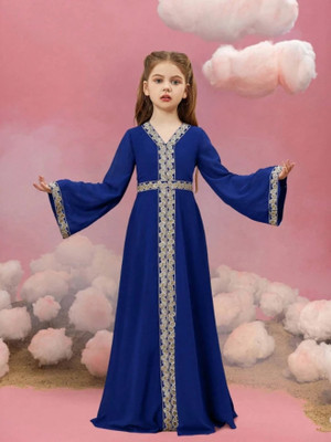 Charvi Indi Girls Maxi/Full Length Party Dress(Blue, Full Sleeve)