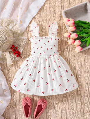M FASHION Baby Girls Midi/Knee Length Party Dress(White, Short Sleeve)