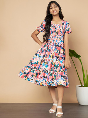 OTABU Girls Midi/Knee Length Casual Dress(Blue, Short Sleeve)