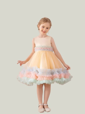 VARDA CREATION Girls Midi/Knee Length Party Dress(Yellow, Sleeveless)