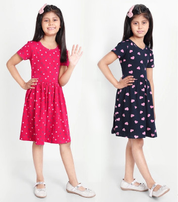 M Queen Girls Midi/Knee Length Casual Dress(Multicolor, Half Sleeve)
