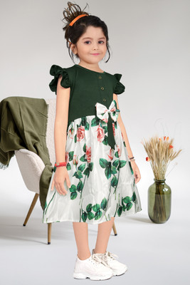 OM Fashion Girls Midi/Knee Length Casual Dress(Green, Cap Sleeve)