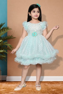 Rania Dresses Girls Midi/Knee Length Festive/Wedding Dress(Light Blue, Short Sleeve)