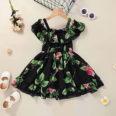 DHYANAM Indi Girls Midi/Knee Length Festive/Wedding Dress(Black, Green, Sleeveless)