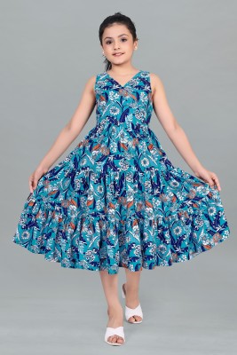 Mirrow Trade Girls Calf Length Casual Dress(Blue, Sleeveless)