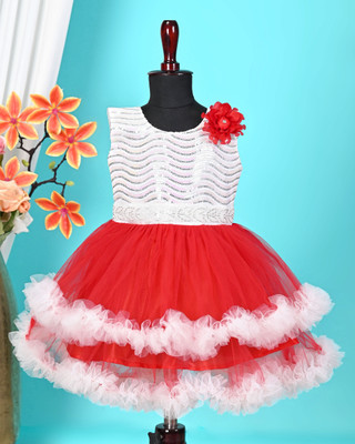 M Kolkata Garments Baby Girls Calf Length Festive/Wedding Dress(Red, White, Sleeveless)