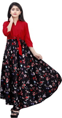 Meraki Fab Girls Maxi/Full Length Casual Dress(Red, 3/4 Sleeve)