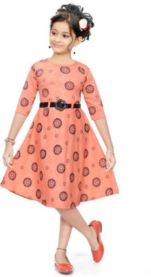 Sagun Dresses Indi Girls Midi/Knee Length Casual Dress(Orange, 3/4 Sleeve)