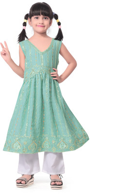 LAADO FASHION SHOP Girls Midi/Knee Length Party Dress(Green, Sleeveless)