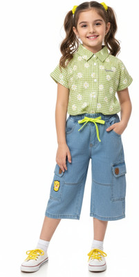 ParidhaanElegance Girls Below Knee Casual Dress(Green, Short Sleeve)