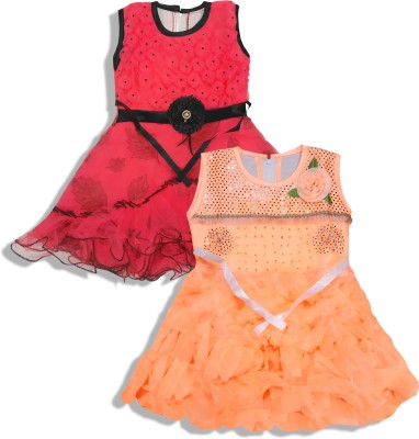 Surkhab Impressions Baby Girls Midi/Knee Length Party Dress(Orange, Sleeveless)