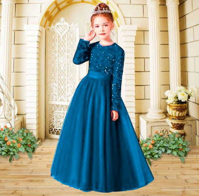 DPFABRICS Girls Maxi/Full Length Festive/Wedding Dress(Dark Blue, Full Sleeve)