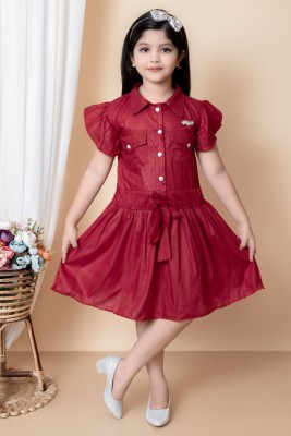 kidsdress Girls Midi/Knee Length Casual Dress(Maroon, Cap Sleeve)