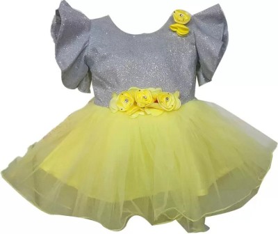 Littlefirst Indi Baby Girls Midi/Knee Length Festive/Wedding Dress(Yellow, Short Sleeve)