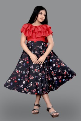 Meraki Fab Girls Midi/Knee Length Casual Dress(Multicolor, Short Sleeve)