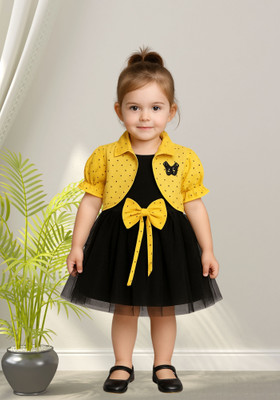 SMILANKOLKATA Baby Girls Midi/Knee Length Festive/Wedding Dress(Yellow, Black, Short Sleeve)
