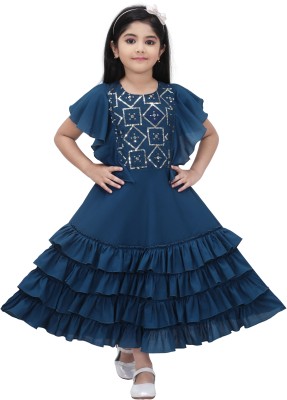 Samshil Fashion Girls Maxi/Full Length Party Dress(Dark Blue, Fashion Sleeve)