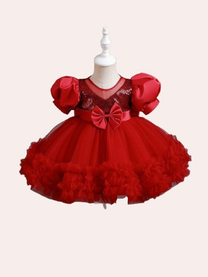 VARDA CREATION Baby Girls Midi/Knee Length Party Dress(Red, Short Sleeve)