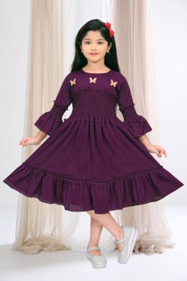 Coco Fashion Girls Midi/Knee Length Casual Dress(Purple, 3/4 Sleeve)