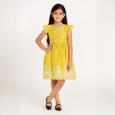 Nushio Clothing Indi Girls Below Knee Casual Dress(Yellow, Cap Sleeve)