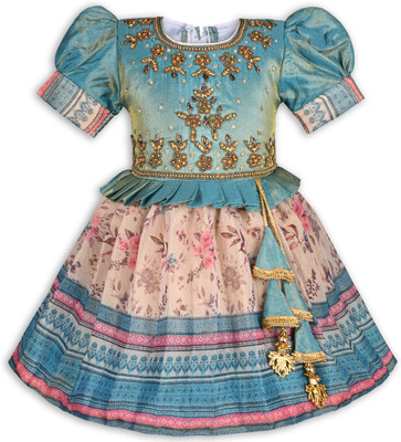 Silver Kraft Girls Midi/Knee Length Festive/Wedding Dress(Blue, Short Sleeve)