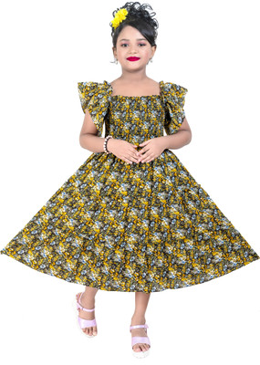 SHREESHYAMDARBAR Indi Girls Midi/Knee Length Festive/Wedding Dress(Yellow, Short Sleeve)