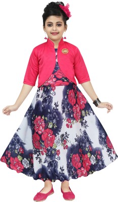 Chandrika Girls Maxi/Full Length Casual Dress(Pink, 3/4 Sleeve)